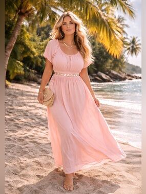 ANGELS BY THE SEA HAWAII $115 Coral Shell Waist Maxi Dress Sz XL 100% Rayon Boho